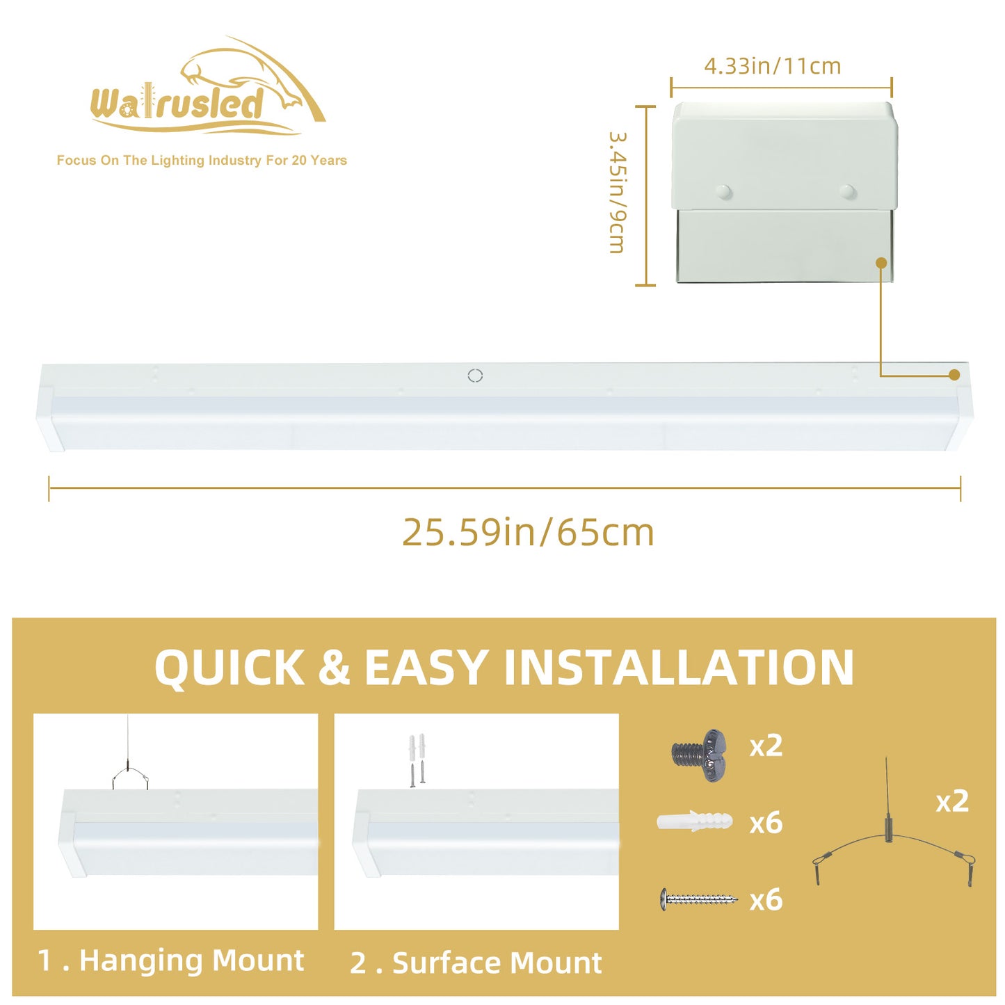 Walrusled 2FT LED Kitchen Wraparound Emergency Batten Light Fixture, 3 CCT Power Selectable 10W/20W 1250lm/2500lm, Battery Backup, 3000K/4000K/5000K, IP20, 2 Foot LED Garage Wrap Around Batten Light Fixture, 60CM Flush Mount LED Stairwell Ceiling Light