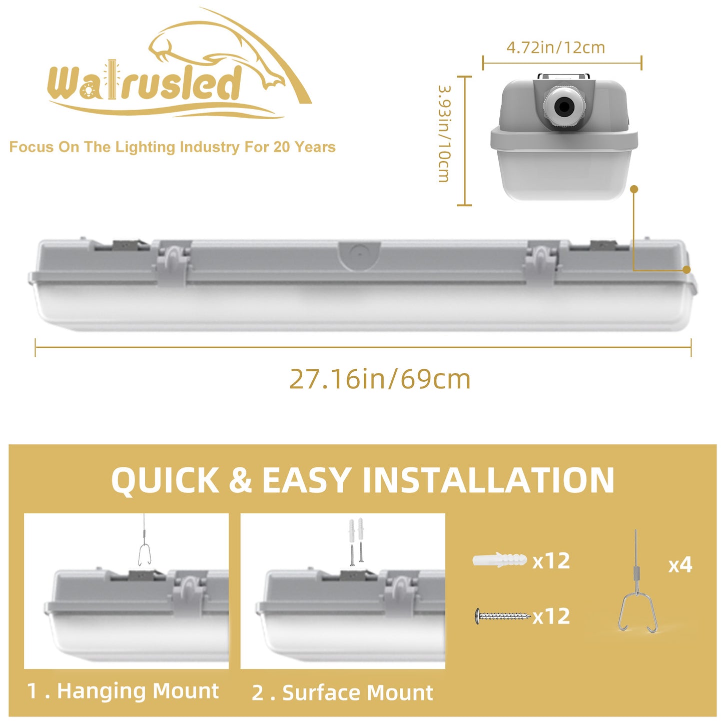 Walrusled 2FT Motion Sensor LED Wraparound Vapor Tight Emergency Batten Light, Power Selectable, 10W/20W, 1250lm/2500lm, Battery Backup, 5000K, IP65, IK08, Dimmable 2 Foot LED Wrap Waterproof Light Fixture, 60CM Flush Mount Led Vapor Proof Ceiling Light