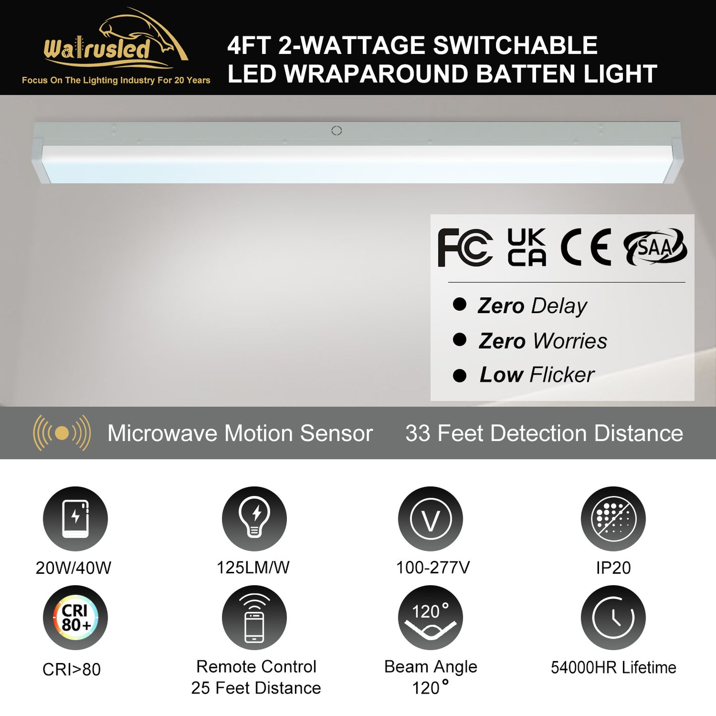 Walrusled 4FT Motion Sensor LED Stairwell Wraparound Batten Light with Remote, 2 Wattages/2 Lumens Selectable, 20W/40W, 2500lm/5000lm, 5000K, 100-277V, IP20, Dimmable 4 Foot LED Wrap Around Batten Light Fixture, 120CM Flush Mount LED Garage Ceiling Light