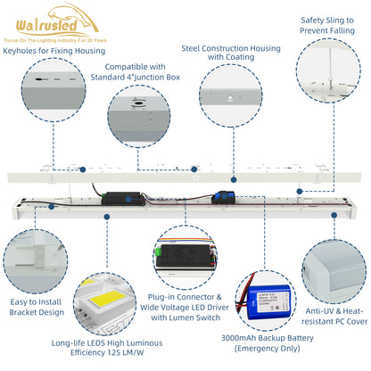 Walrusled 4FT LED Kitchen Wraparound Batten Light Fixture, 2 Wattages/2 Lumens/3 CCT Selectable, 20W/40W 2500lm/5000lm, 3000K/4000K/5000K, 100-277V, IP20, 4 Foot LED Garage Wrap Around Batten Light Fixture, 120CM Flush Mount Stairwell Batten Ceiling Light