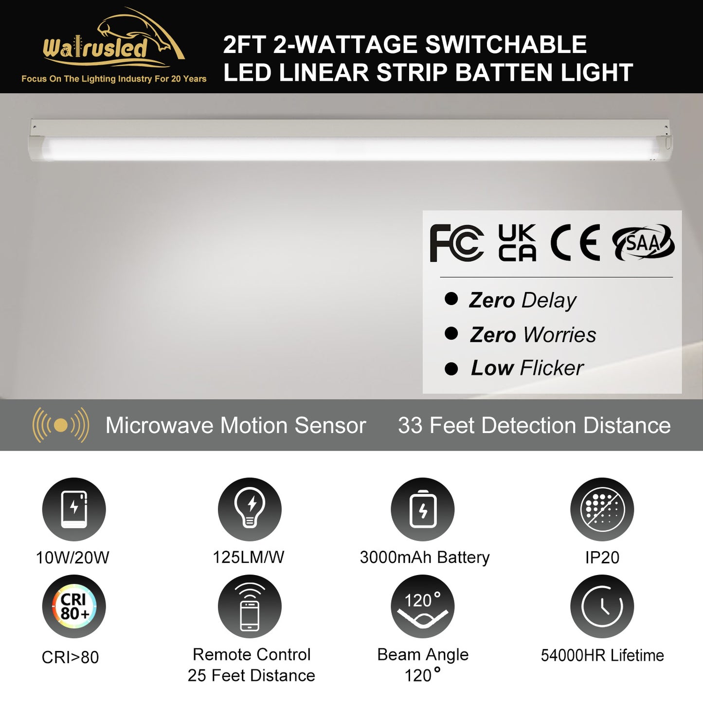 Walrusled 2FT Motion Sensor LED Kitchen Linear Strip Emergency Batten Light w/Remote, Power Selectable, 10W/20W, 1250lm/2500lm, Battery Backup, 5000K, Dimmable 2 Foot LED Linear Strip Shop Light Fixture, 60CM Flush Mount LED Garage Ceiling Batten Light