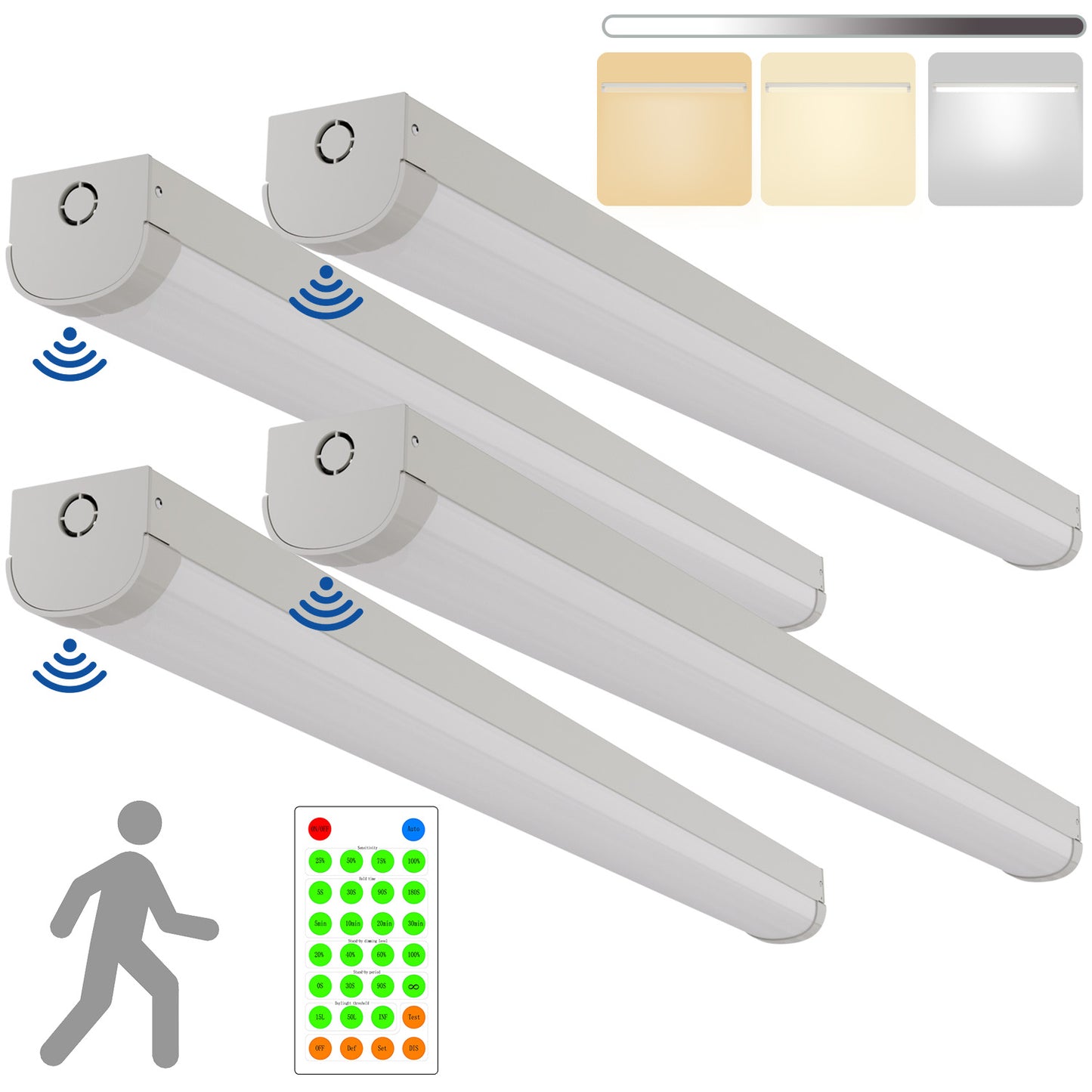 Walrusled 4FT Motion Sensor LED Linear Strip Batten Light with Remote, 2 Wattages/2 Lumens/3 CCT Selectable, 20W/40W, 2500lm/5000lm, 3000K/4000K/5000K, Dimmable 4 Foot LED Shop Batten Pendant Light Fixture, Flush Mount Garage Hallway Ceiling Batten Light