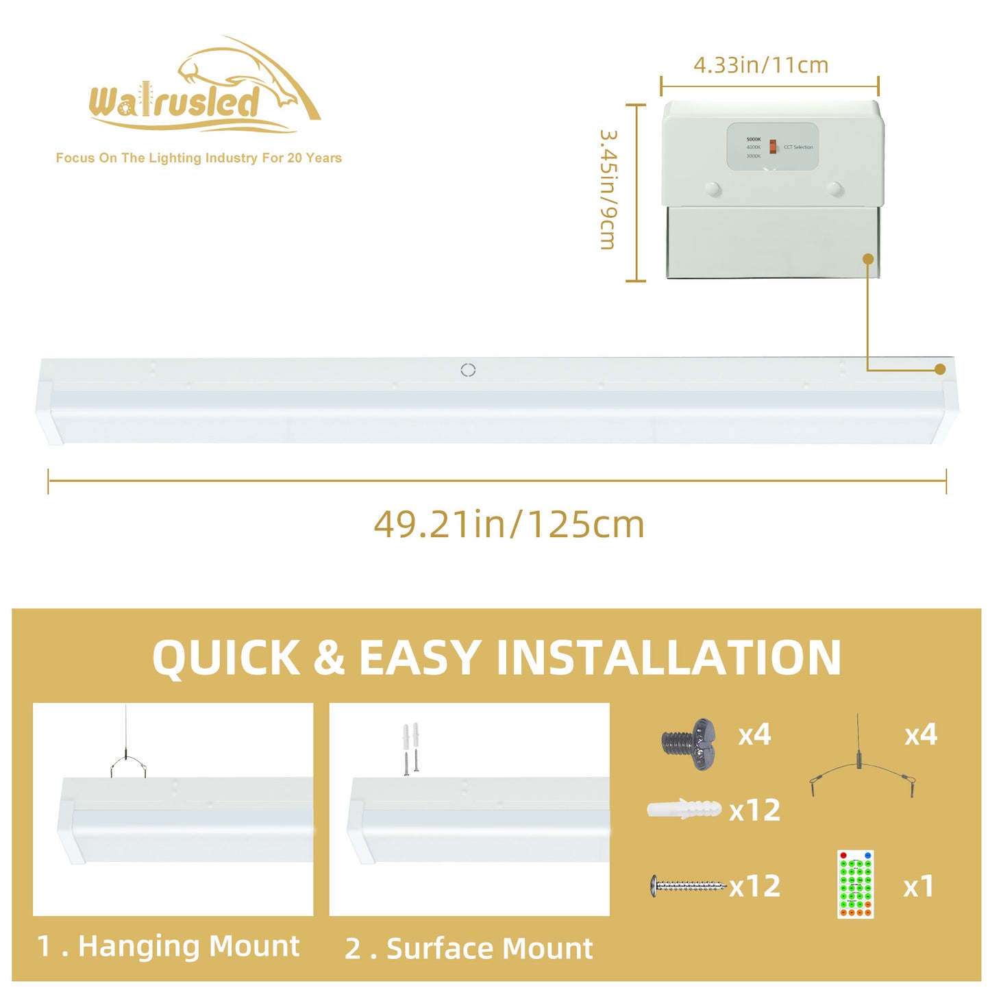 Walrusled 4FT Motion Sensor LED Wraparound Emergency Batten Light w/Remote, 3 CCT Power Selectable 20W/40W 2500lm/5000lm, Battery Backup, 3000K/4000K/5000K, IP20,  Dimmable 4 Foot LED Office Wrap Batten Light Fixture, 120CM Flush Mount LED Ceiling Light