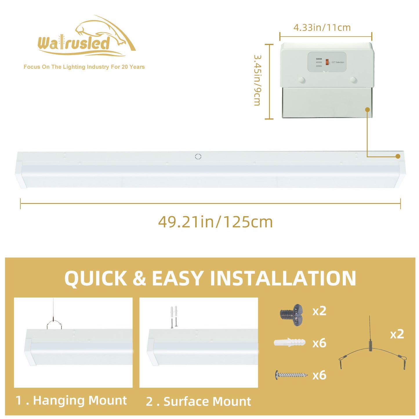 Walrusled 4FT LED Kitchen Wraparound Batten Light Fixture, 2 Wattages/2 Lumens/3 CCT Selectable, 20W/40W 2500lm/5000lm, 3000K/4000K/5000K, 100-277V, IP20, 4 Foot LED Garage Wrap Around Batten Light Fixture, 120CM Flush Mount Stairwell Batten Ceiling Light