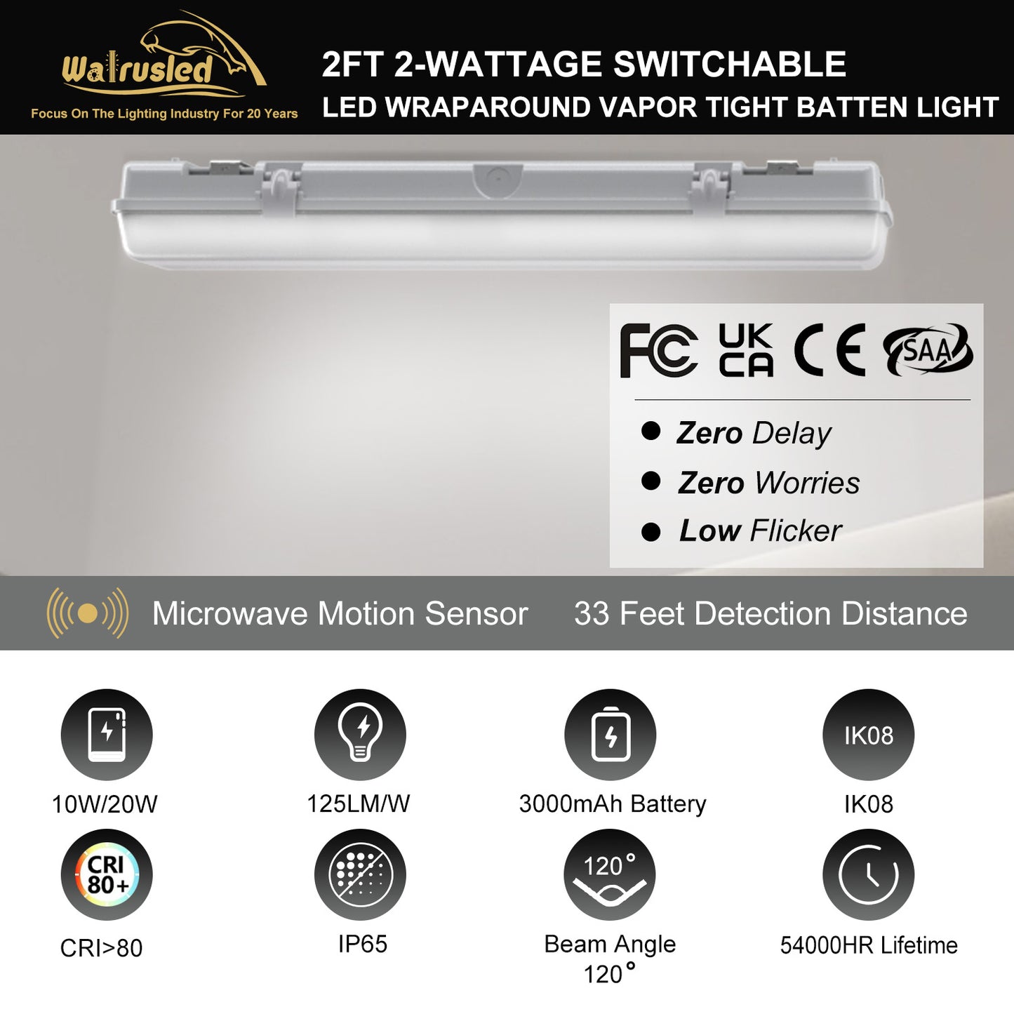 Walrusled 2FT Motion Sensor LED Wraparound Vapor Tight Emergency Batten Light, Power Selectable, 10W/20W, 1250lm/2500lm, Battery Backup, 5000K, IP65, IK08, Dimmable 2 Foot LED Wrap Waterproof Light Fixture, 60CM Flush Mount Led Vapor Proof Ceiling Light