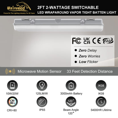 Walrusled 2FT Motion Sensor LED Wraparound Vapor Tight Emergency Batten Light, Power Selectable, 10W/20W, 1250lm/2500lm, Battery Backup, 5000K, IP65, IK08, Dimmable 2 Foot LED Wrap Waterproof Light Fixture, 60CM Flush Mount Led Vapor Proof Ceiling Light