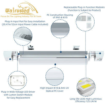 Walrusled 4FT Airport LED Tri Proof Batten Light 2 Wattages/2 Lumens Selectable 20W/40W 2500lm/5000lm, 5000K, IP65, IK10, 100-277V, 4 Foot Garage LED Waterproof Vapor Tight Linear Tube Light Fixture, 120CM Flush Mount Tunnel Led Vapor Proof Ceiling Light