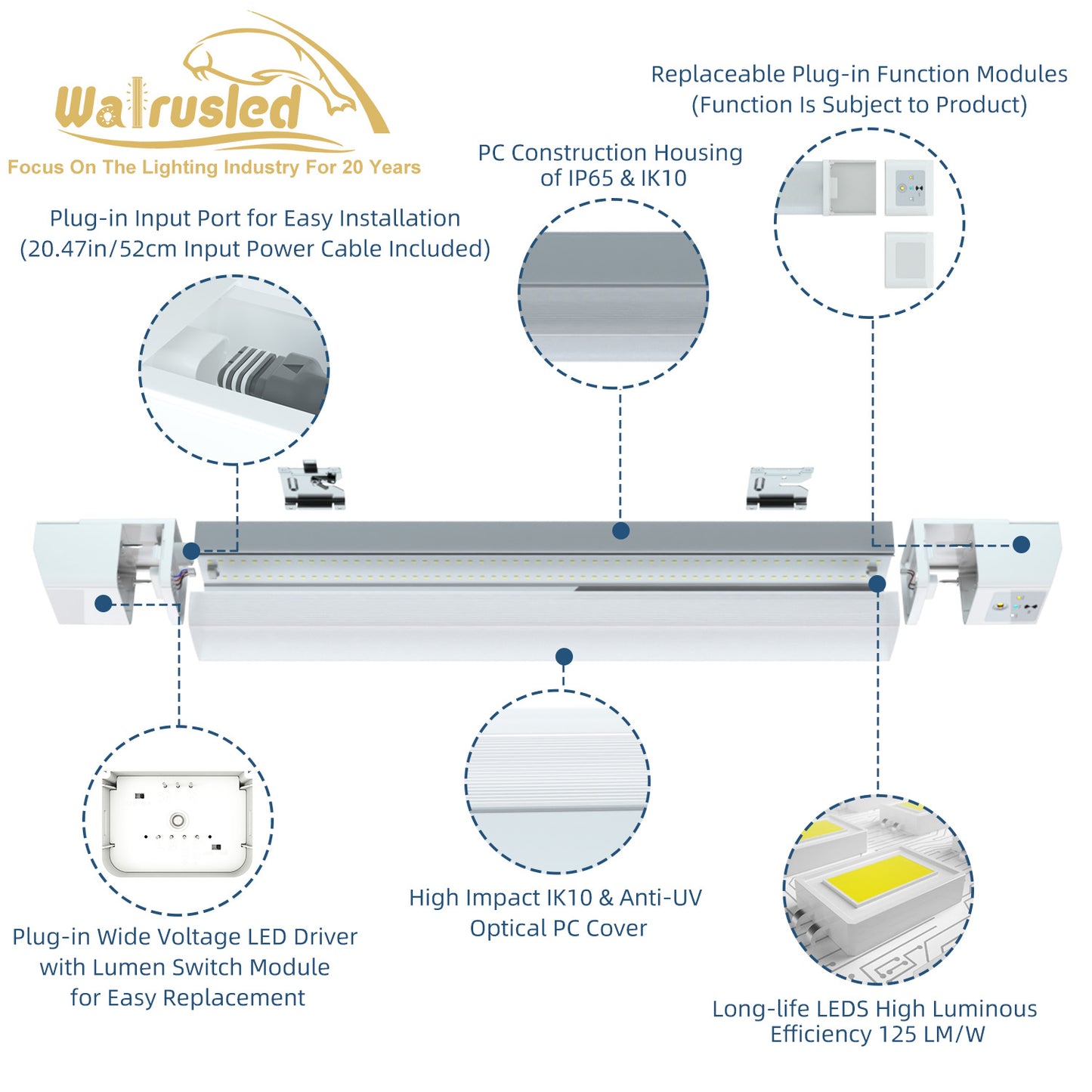 Walrusled 2FT Motion Sensor LED Tri Proof Batten Light, 2 Wattages/2 Lumens Selectable 10W/20W 1250lm/2500lm, 5000K, IP65, 100-277V, IK10, Dimmable 2 Foot LED Waterproof Vapor Tight Linear Tube Light Fixture, 60CM Flush Mount Led Vapor Proof Ceiling Light