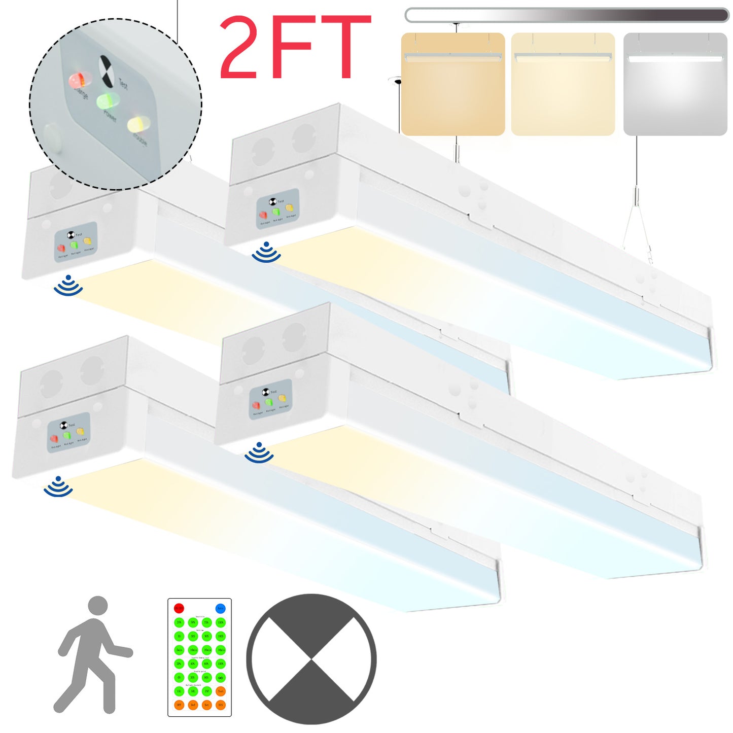 Walrusled Lampe d'urgence LED avec détecteur de mouvement de 0,6 m avec télécommande, puissance 3 CCT sélectionnable, 10 W/20 W, 1250 lm/2500 lm, batterie de secours, 3000 K/4000 K/5000 K, IP20, intensité variable, 60 cm, montage encastré Plafonnier LED