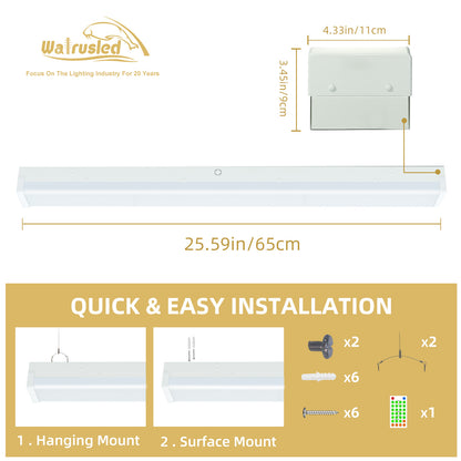 Walrusled 2FT Motion Sensor LED Stairwell Wraparound Batten Light with Remote, 2 Wattages/2 Lumens Selectable, 10W/20W, 1250lm/2500lm, 5000K, 100-277V, IP20, Dimmable 2 Foot LED Wrap Around Batten Light Fixture, 60CM Flush Mount LED Garage Ceiling Light