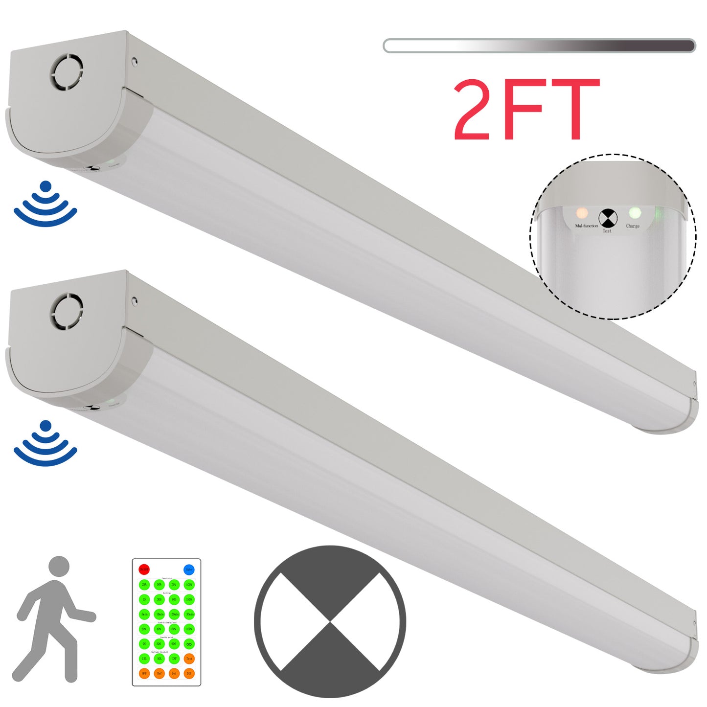 Walrusled 2FT Motion Sensor LED Kitchen Linear Strip Emergency Batten Light w/Remote, Power Selectable, 10W/20W, 1250lm/2500lm, Battery Backup, 5000K, Dimmable 2 Foot LED Linear Strip Shop Light Fixture, 60CM Flush Mount LED Garage Ceiling Batten Light