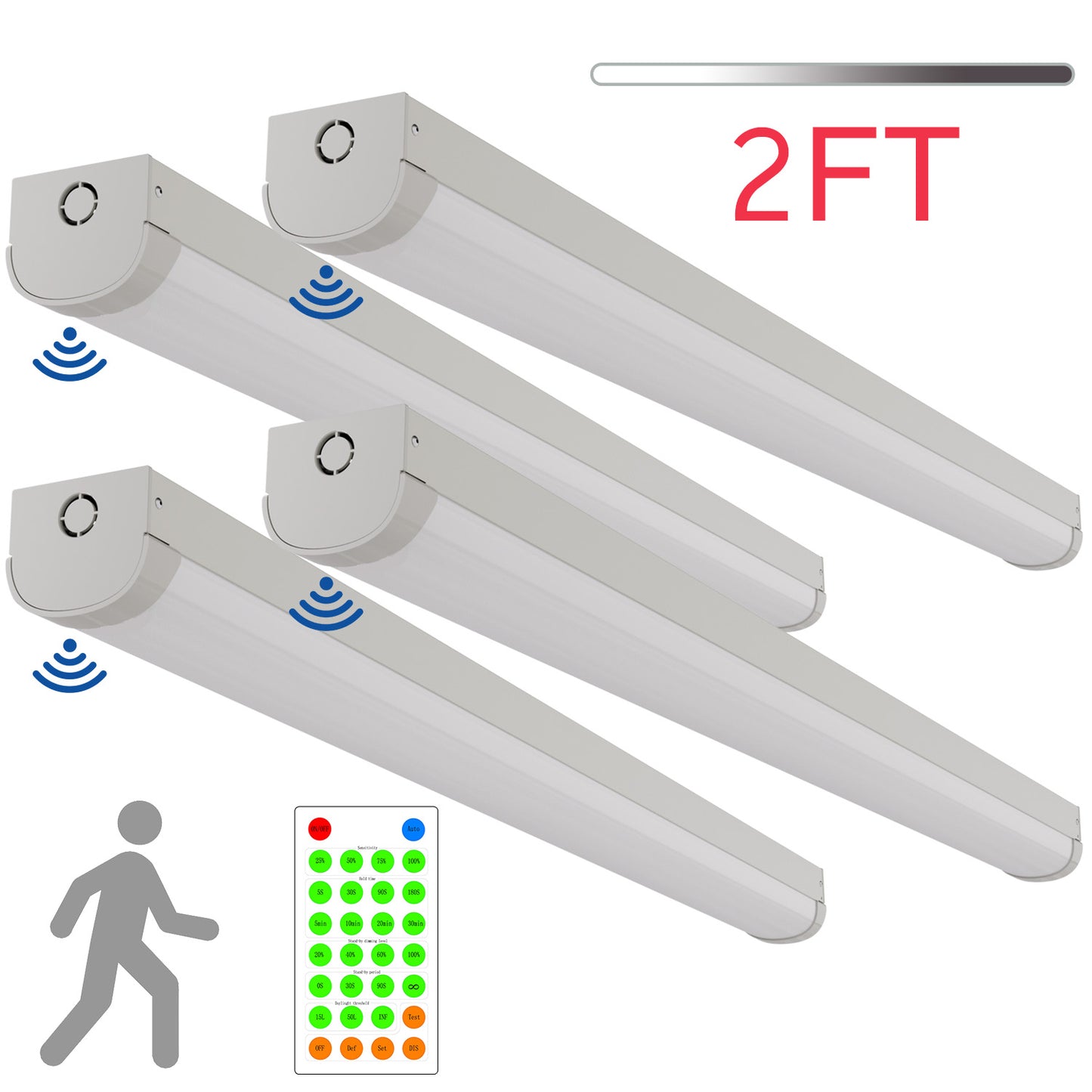 Walrusled 2FT Motion Sensor LED Kitchen Linear Strip Batten Light with Remote, 2 Wattages/2 Lumens Selectable, 10W/20W, 1250lm/2500lm, 5000K, 100-277V, Dimmable 2 Foot LED Shop Linear Strip Light Fixture, 60CM Flush Mount LED Garage Ceiling Batten Light