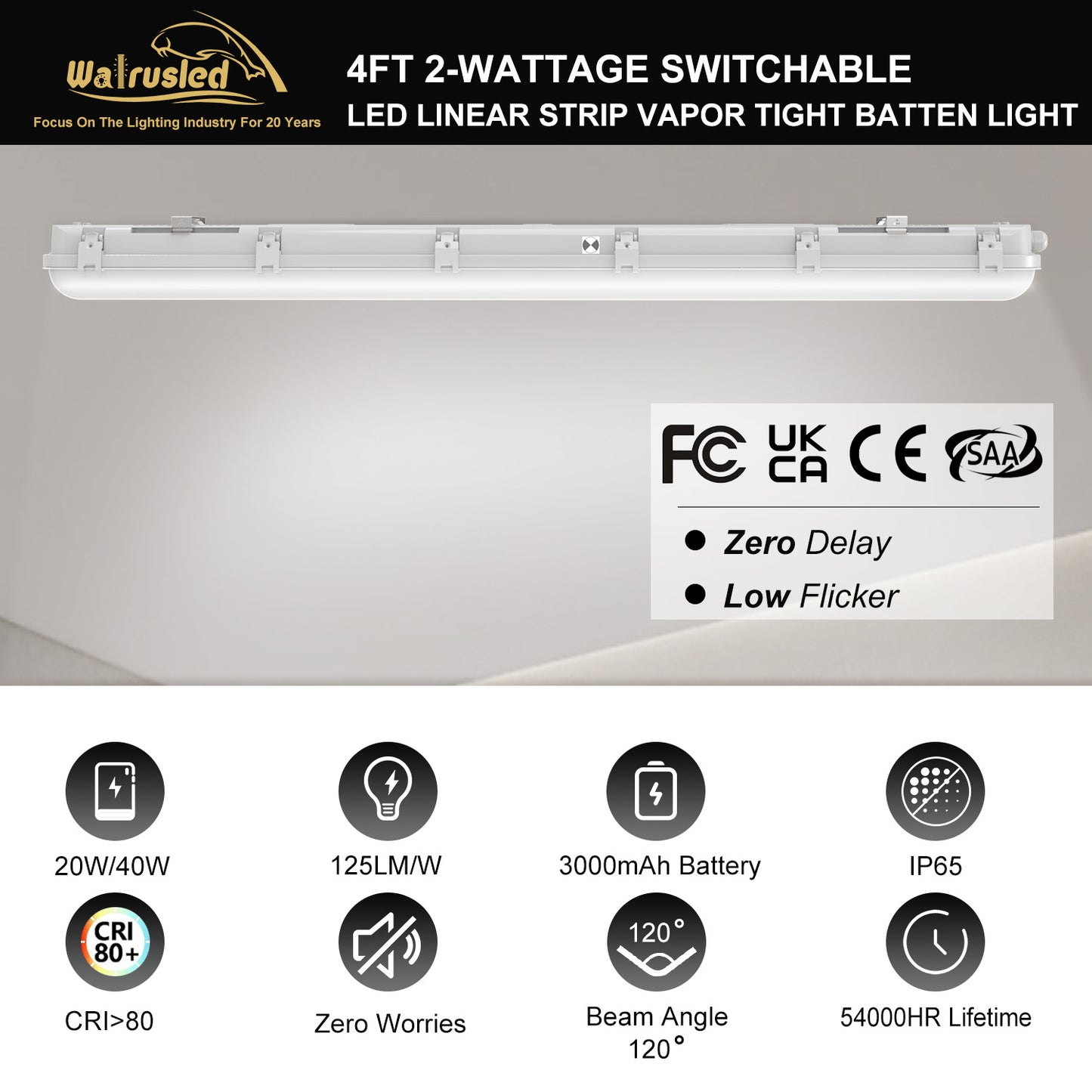 Walrusled 4FT Stairwell LED Linear Strip Vapor Tight Emergency Batten Light, Power Selectable, 20W/40W, 2500lm/5000lm, Battery Backup, 5000K, IP65, 4 Foot Garage LED Tri Proof Light Fixture, Flush Mount 120CM Tunnel Led Vapor Proof Ceiling Batten Light