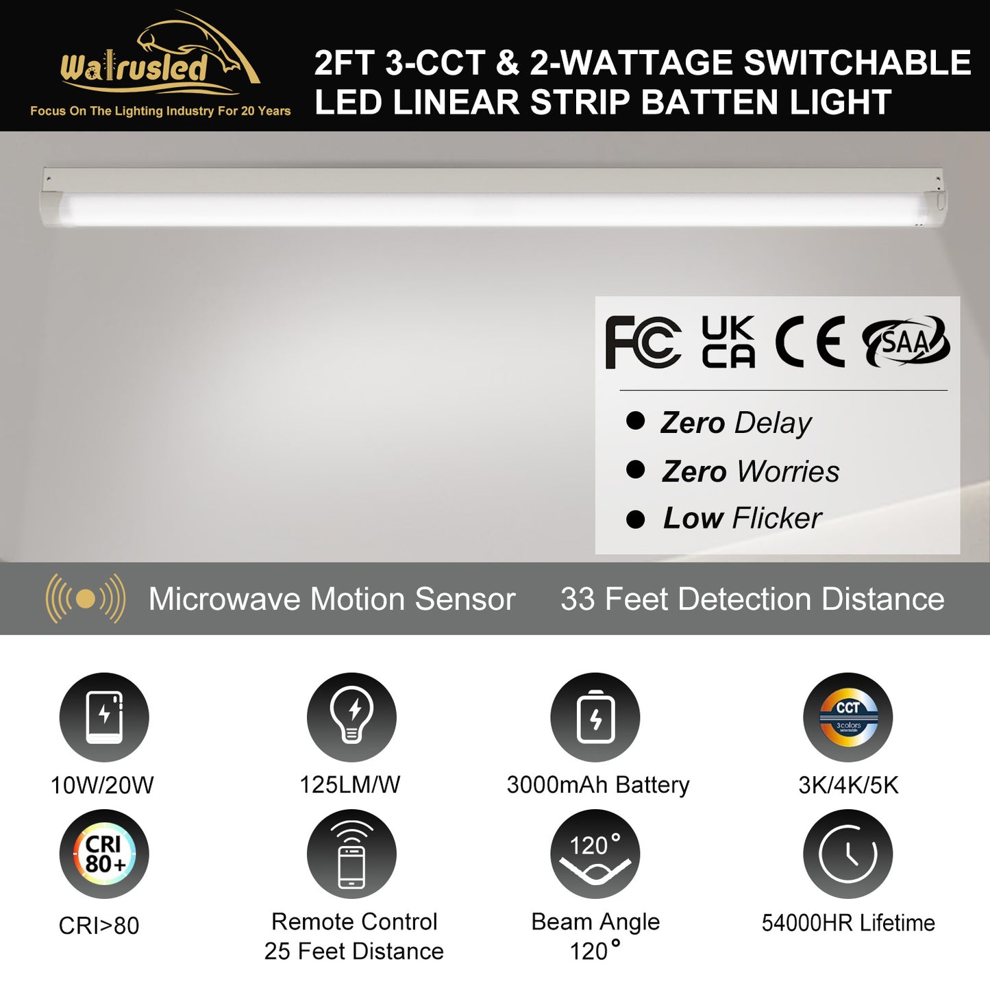 Walrusled 2FT Motion Sensor LED Linear Strip Emergency Batten Light w/Remote, 3 CCT Power Selectable, 10W/20W, 1250lm/2500lm, Battery Backup, 3000K/4000K/5000K, Dimmable 2 Foot LED Linear Strip Shop Light Fixture, 60CM Flush Mount Garage Ceiling Light