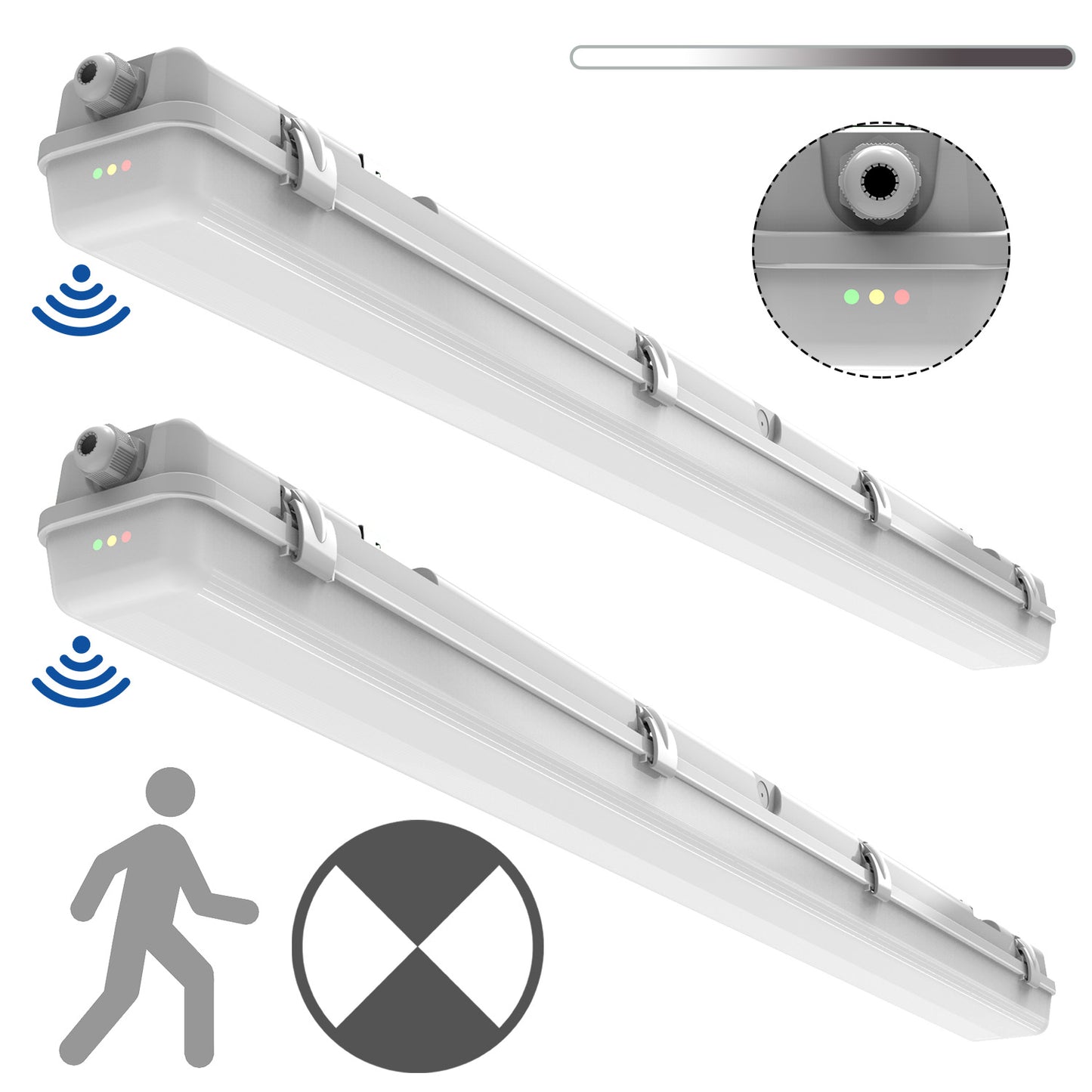 Walrusled 4FT Motion Sensor LED Wraparound Vapor Tight Emergency Batten Light, Power Selectable 20W/40W 2500lm/5000lm, Battery Backup, 5000K, IP65, Dimmable 4 Foot LED Wrap Waterproof Light Fixture, 120CM Flush Mount Led Vapor Proof Batten Ceiling Light