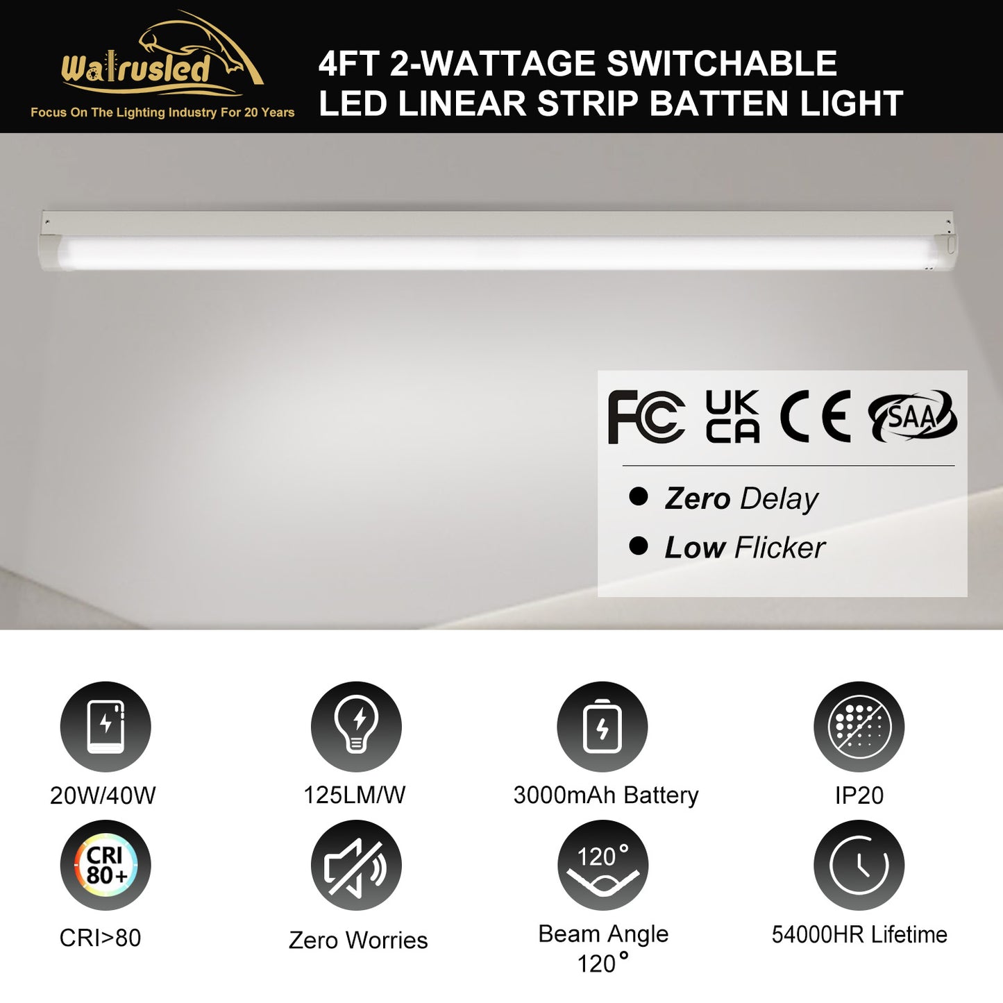 Walrusled 4FT LED Linear Strip Emergency Batten Light Fixture, Power Selectable 20W/40W, 2500lm/5000lm, Battery Backup, 5000K, IP20, 4 Foot LED Shop Strip Pendant Light, Flush Mount 120cm LED Garage Workshop Hallway Stairwell Ceiling Batten Light Fixture