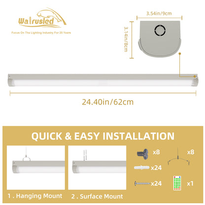 Walrusled 2FT Motion Sensor LED Kitchen Linear Strip Emergency Batten Light w/Remote, Power Selectable, 10W/20W, 1250lm/2500lm, Battery Backup, 5000K, Dimmable 2 Foot LED Linear Strip Shop Light Fixture, 60CM Flush Mount LED Garage Ceiling Batten Light