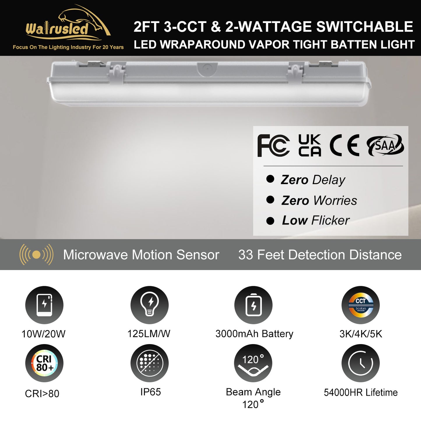 Walrusled 2 Foot Motion Sensor LED Wraparound Vapor Tight Emergency Batten Light, 3 CCT Power Selectable 10W/20W 1250lm/2500lm, Battery Backup, 3000K/4000K/5000K, IP65, IK08, Dimmable LED Wrap Waterproof Light, 60CM Flush Mount Vapor Proof Ceiling Fixture