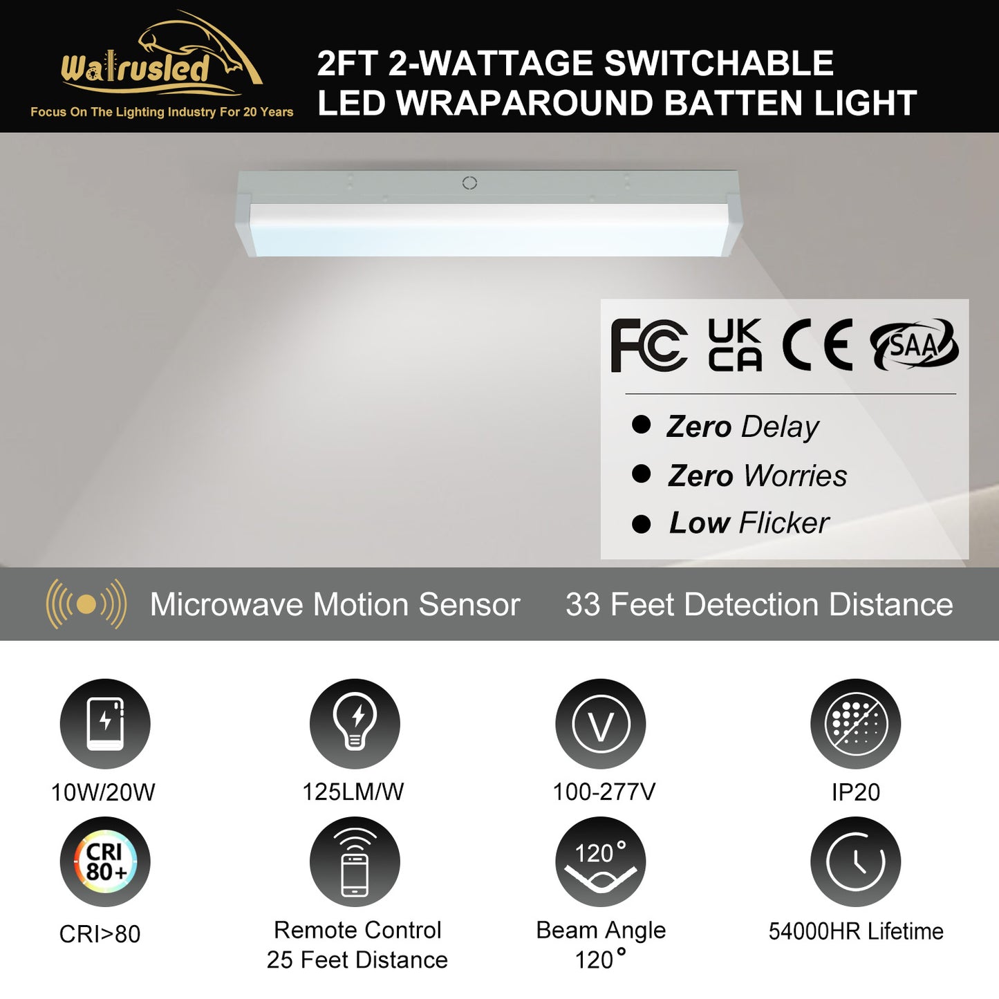 Walrusled 2FT Motion Sensor LED Stairwell Wraparound Batten Light with Remote, 2 Wattages/2 Lumens Selectable, 10W/20W, 1250lm/2500lm, 5000K, 100-277V, IP20, Dimmable 2 Foot LED Wrap Around Batten Light Fixture, 60CM Flush Mount LED Garage Ceiling Light