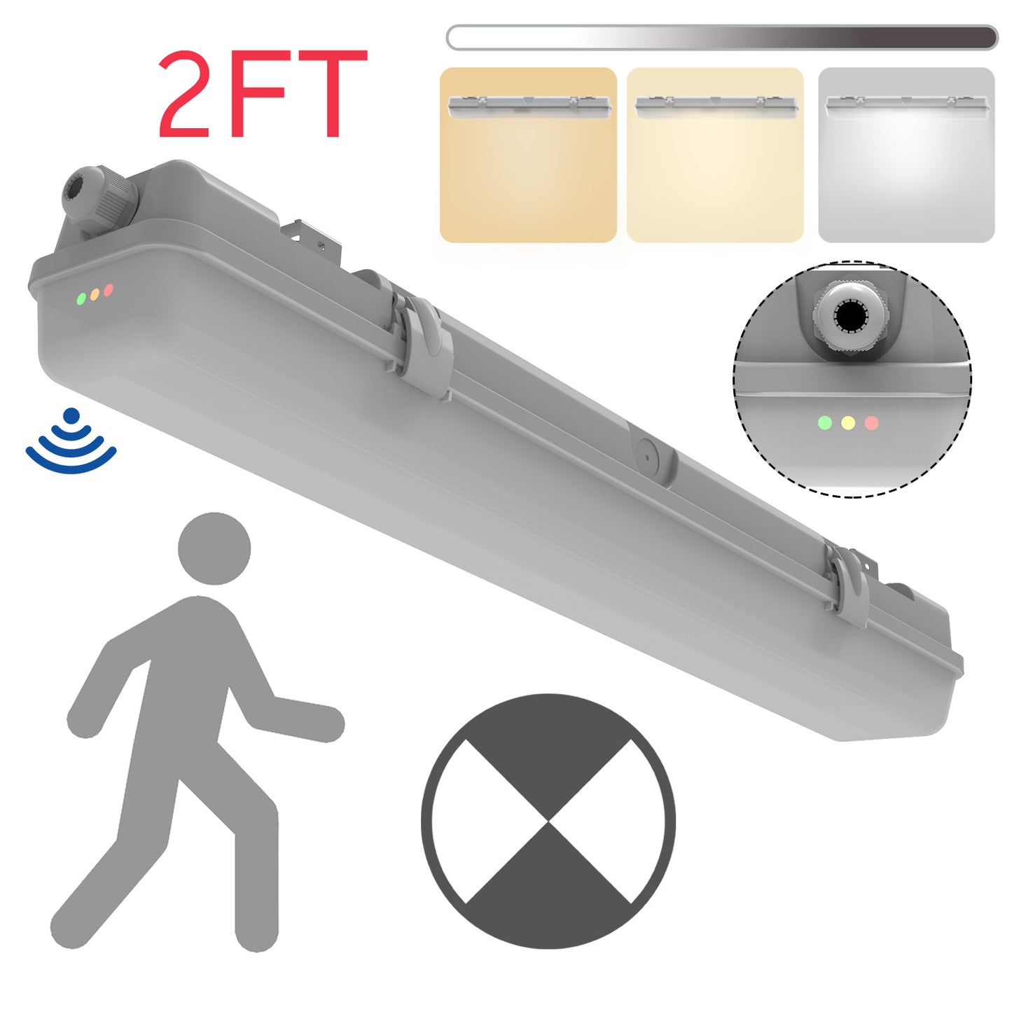 Walrusled 2 Foot Motion Sensor LED Wraparound Vapor Tight Emergency Batten Light, 3 CCT Power Selectable 10W/20W 1250lm/2500lm, Battery Backup, 3000K/4000K/5000K, IP65, IK08, Dimmable LED Wrap Waterproof Light, 60CM Flush Mount Vapor Proof Ceiling Fixture