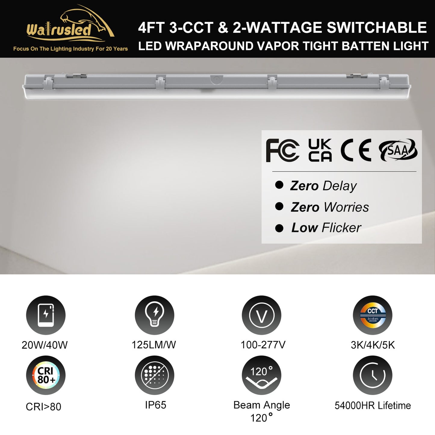 Walrusled 4FT LED Garage Wraparound Vapor Tight Batten Light 2 Wattages/2 Lumens/3 CCT Selectable, 20W/40W, 2500lm/5000lm, 3000K/4000K/5000K, 100-277V, IP65, 4 Foot LED Wrap Waterproof Batten Light Fixture, 120CM Flush Mount LED Vapor Proof Ceiling Light