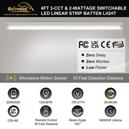 Walrusled 4FT Motion Sensor LED Linear Strip Batten Light with Remote, 2 Wattages/2 Lumens/3 CCT Selectable, 20W/40W, 2500lm/5000lm, 3000K/4000K/5000K, Dimmable 4 Foot LED Shop Batten Pendant Light Fixture, Flush Mount Garage Hallway Ceiling Batten Light