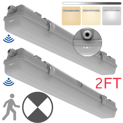 Walrusled 2 Foot Motion Sensor LED Wraparound Vapor Tight Emergency Batten Light, 3 CCT Power Selectable 10W/20W 1250lm/2500lm, Battery Backup, 3000K/4000K/5000K, IP65, IK08, Dimmable LED Wrap Waterproof Light, 60CM Flush Mount Vapor Proof Ceiling Fixture