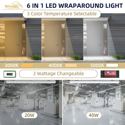 Walrusled 4FT LED Garage Wraparound Vapor Tight Batten Light 2 Wattages/2 Lumens/3 CCT Selectable, 20W/40W, 2500lm/5000lm, 3000K/4000K/5000K, 100-277V, IP65, 4 Foot LED Wrap Waterproof Batten Light Fixture, 120CM Flush Mount LED Vapor Proof Ceiling Light