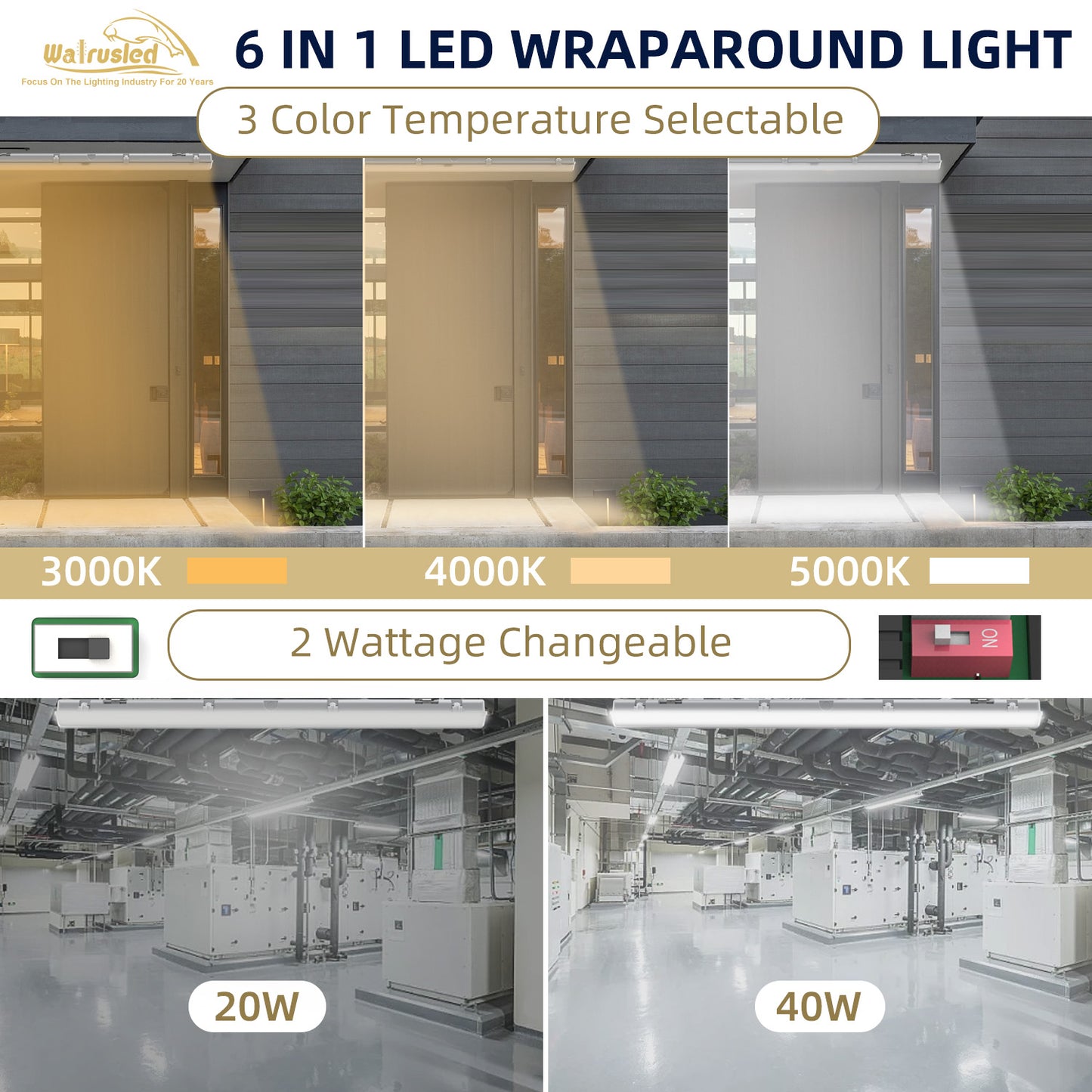 Walrusled 4FT LED Stairwell Wraparound Vapor Tight Emergency Batten Light, 3 CCT Power Selectable, 20W/40W 2500lm/5000lm, Battery Backup, 3000K/4000K/5000K, IP65, 4 Foot LED Wrap Waterproof Light Fixture, 120CM Flush Mount Led Vapor Proof Ceiling Light