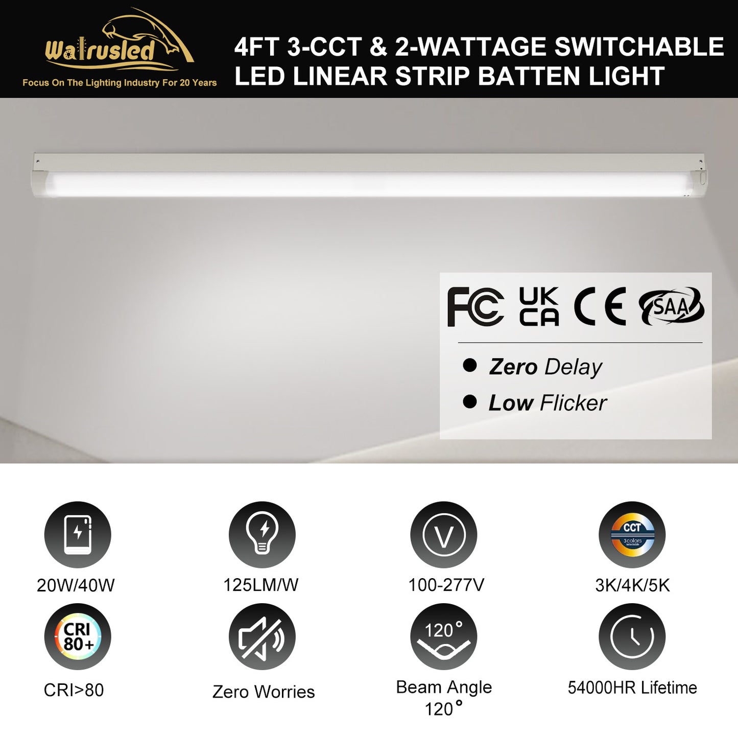 Walrusled 4FT LED Linear Strip Batten Light Fixture 2 Wattages/2 Lumens/3 CCT Selectable, 20W/40W, 2500lm/5000lm, 3000K/4000K/5000K, 100-277V, 4 Foot LED Shop Batten Pendant Light Fixture, Flush Mount Garage Workshop Hallway Stairwell Batten Ceiling Light