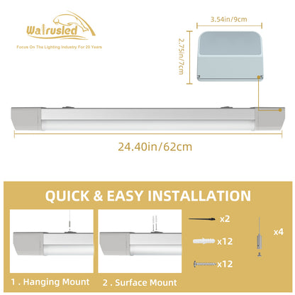 Walrusled 2FT Airport LED Tri Proof Batten Light 2 Wattages/2 Lumens Selectable 10W/20W 1250lm/2500lm, 5000K, IP65, IK10, 100-277V, 2 Foot Garage LED Waterproof Vapor Tight Linear Tube Light Fixture, 60CM Flush Mount Tunnel Led Vapor Proof Ceiling Light