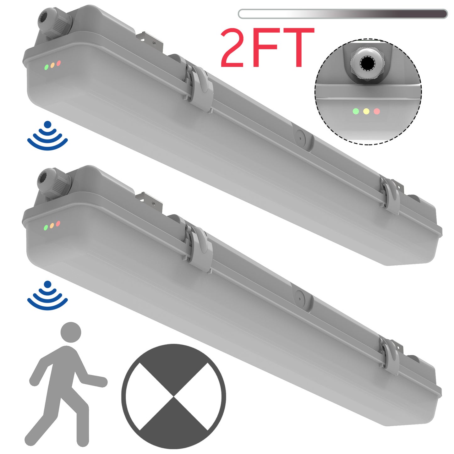 Walrusled 2FT Motion Sensor LED Wraparound Vapor Tight Emergency Batten Light, Power Selectable, 10W/20W, 1250lm/2500lm, Battery Backup, 5000K, IP65, IK08, Dimmable 2 Foot LED Wrap Waterproof Light Fixture, 60CM Flush Mount Led Vapor Proof Ceiling Light