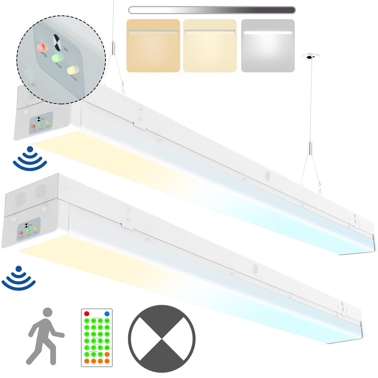 Walrusled 4FT Motion Sensor LED Wraparound Emergency Batten Light w/Remote, 3 CCT Power Selectable 20W/40W 2500lm/5000lm, Battery Backup, 3000K/4000K/5000K, IP20,  Dimmable 4 Foot LED Office Wrap Batten Light Fixture, 120CM Flush Mount LED Ceiling Light