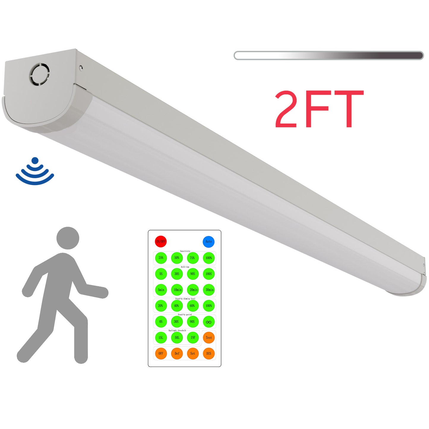 Walrusled 2FT Motion Sensor LED Kitchen Linear Strip Batten Light with Remote, 2 Wattages/2 Lumens Selectable, 10W/20W, 1250lm/2500lm, 5000K, 100-277V, Dimmable 2 Foot LED Shop Linear Strip Light Fixture, 60CM Flush Mount LED Garage Ceiling Batten Light