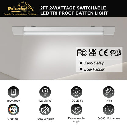 Walrusled 2FT Airport LED Tri Proof Batten Light 2 Wattages/2 Lumens Selectable 10W/20W 1250lm/2500lm, 5000K, IP65, IK10, 100-277V, 2 Foot Garage LED Waterproof Vapor Tight Linear Tube Light Fixture, 60CM Flush Mount Tunnel Led Vapor Proof Ceiling Light