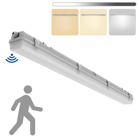 Walrusled 4FT Motion Sensor LED Wraparound Vapor Tight Batten Light, 2 Wattages/3 CCT Selectable 20W/40W 2500lm/5000lm 3000K/4000K/5000K, 100-277V, IP65, Dimmable 4 Foot LED Wrap Waterproof Light Fixture, 120CM Flush Mount Led Vapor Proof Ceiling Light