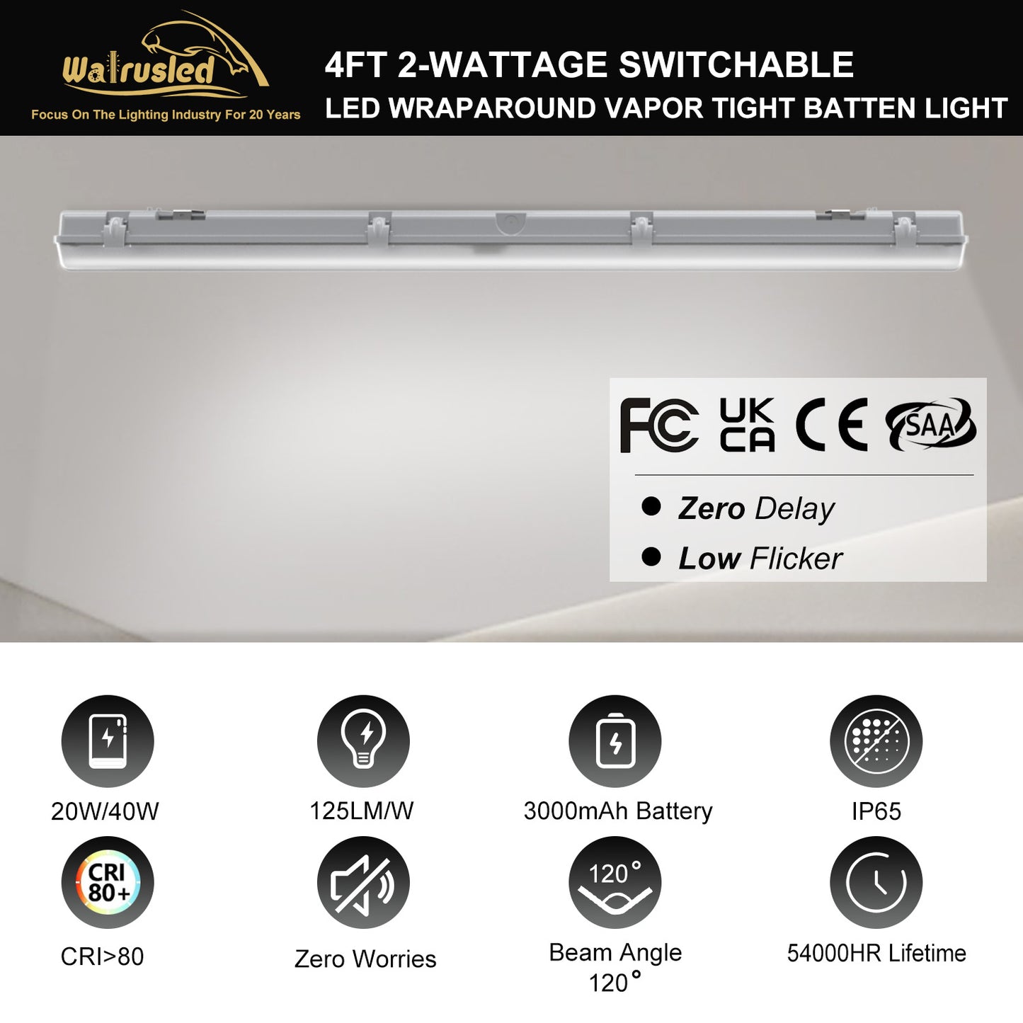 Walrusled 4FT Stairwell LED Wraparound Vapor Tight Emergency Batten Light, Power Selectable 20W/40W, 2500lm/5000lm, Battery Backup, 5000K, IP65, 4 Foot Garage LED Wrap Waterproof Light Fixture, 120CM Flush Mount Tunnel Led Vapor Proof Ceiling Batten Light