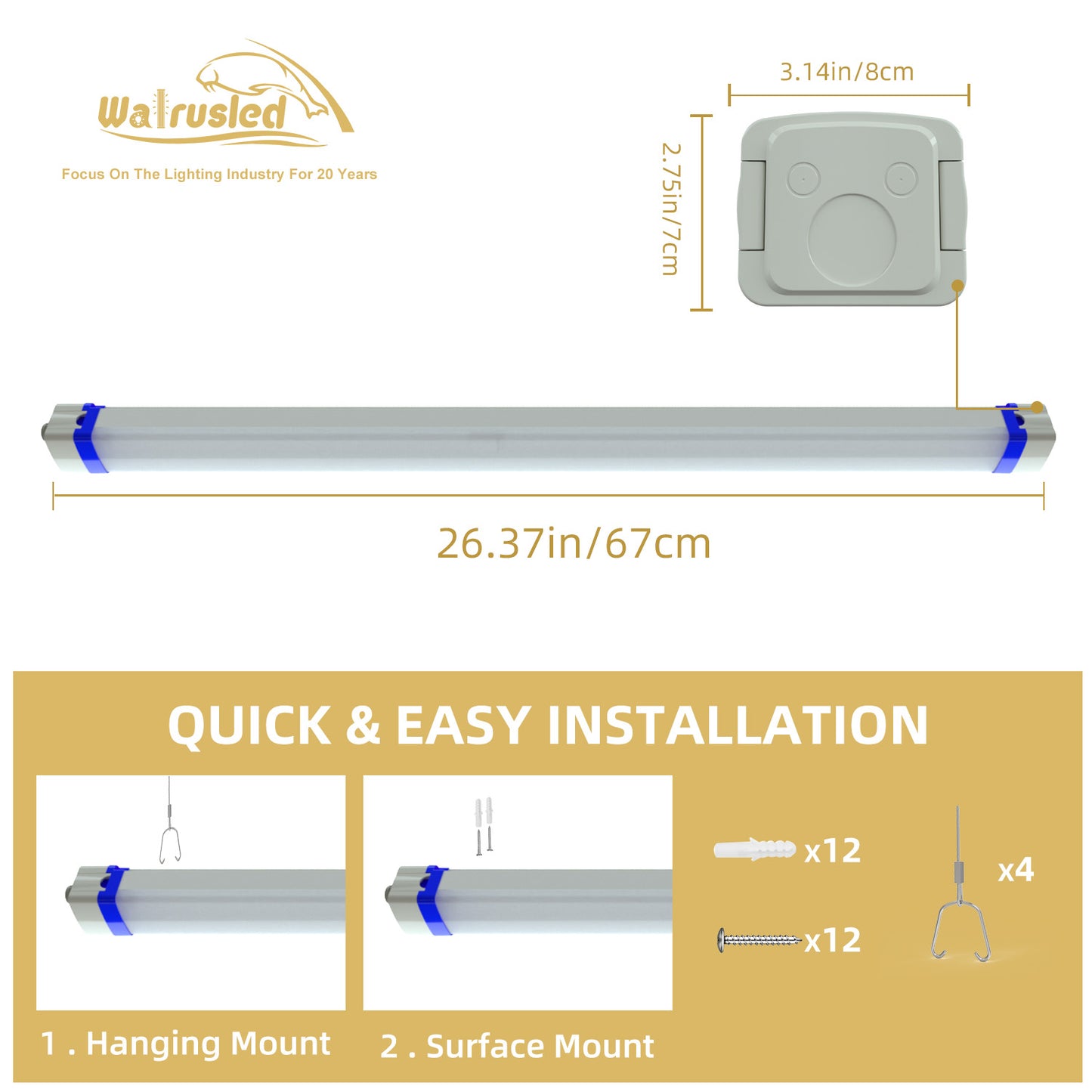 Walrusled 2FT Airport LED Tri Proof Batten Light, 20W, 2200lm, 5000K, IP66, IK10, 24 Inch Garage LED Vapor Tight Linear Tube Light, 2 Foot Tunnel LED Waterproof Dustproof Light Fixture, 60CM Flush Mount Stairwell Led Vapor Proof Batten Ceiling Light