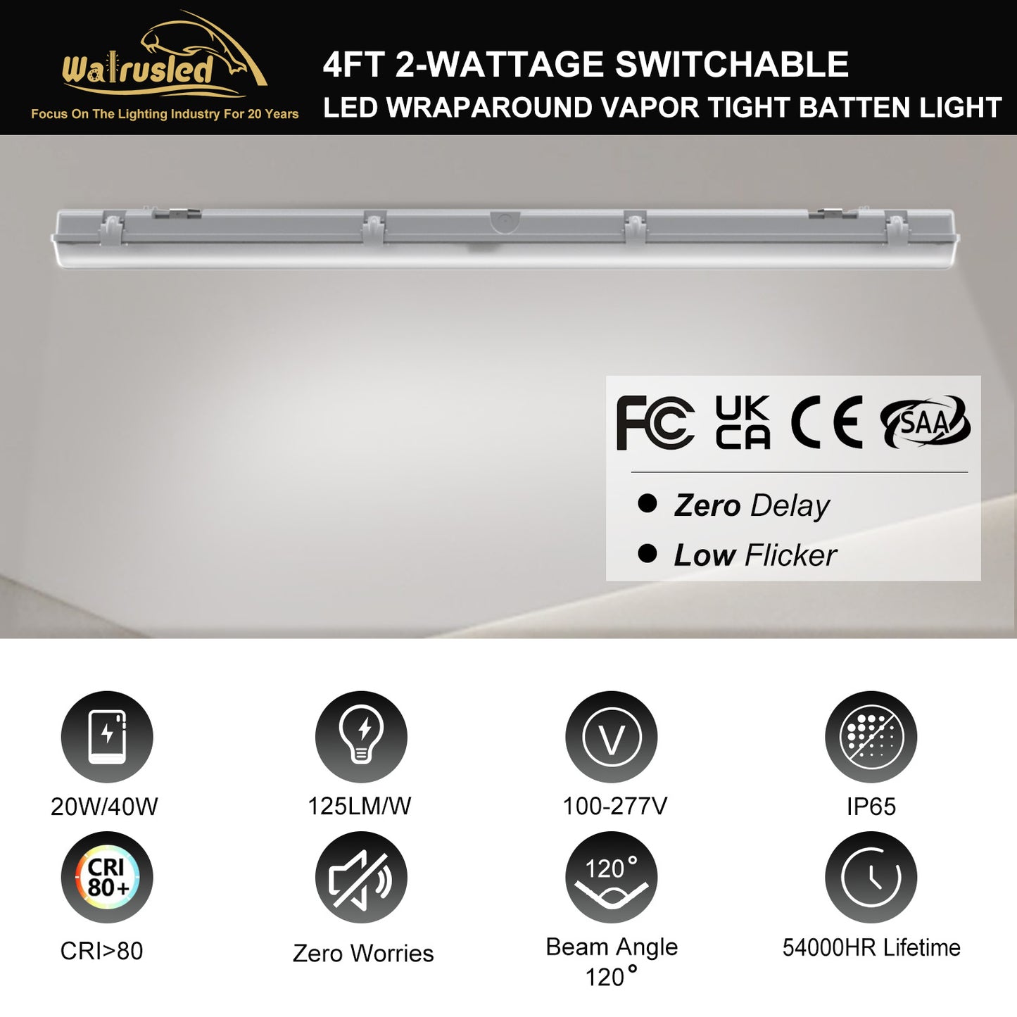 Walrusled 4FT Garage LED Wraparound Vapor Tight Batten Light 2 Wattages/2 Lumens Selectable, 20W/40W, 2500lm/5000lm, 5000K, IP65, 100-277V, 4 Foot Stairwell LED Wrap Waterproof Light Fixture, 120CM Flush Mount Tunnel Led Vapor Proof Batten Ceiling Light