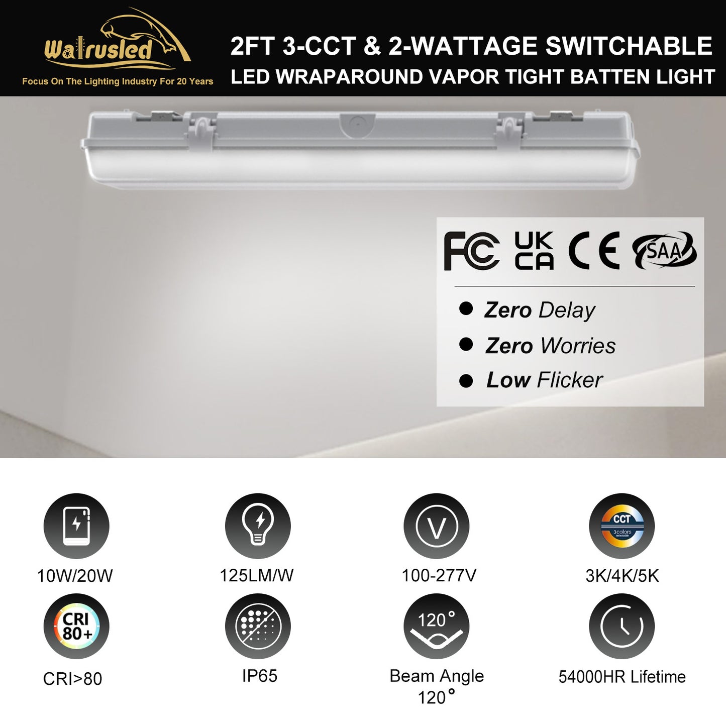 Walrusled 2FT LED Garage Wraparound Vapor Tight Batten Light 2 Wattages/2 Lumens/3 CCT Selectable, 10W/20W, 1250lm/2500lm, 3000K/4000K/5000K, IP65, IK08, 100-277V, 2 Foot LED Wrap Waterproof Light Fixture, 120CM Flush Mount Led Vapor Proof Ceiling Light