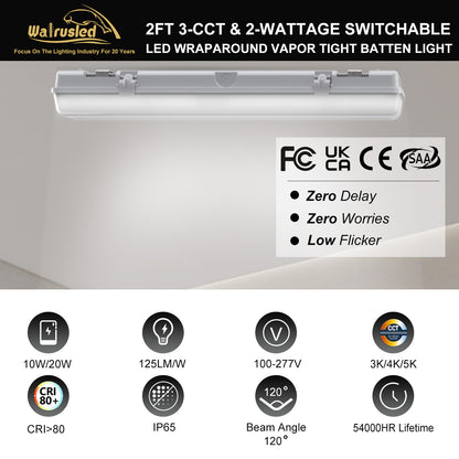 Walrusled 2FT LED Garage Wraparound Vapor Tight Batten Light 2 Wattages/2 Lumens/3 CCT Selectable, 10W/20W, 1250lm/2500lm, 3000K/4000K/5000K, IP65, IK08, 100-277V, 2 Foot LED Wrap Waterproof Light Fixture, 120CM Flush Mount Led Vapor Proof Ceiling Light