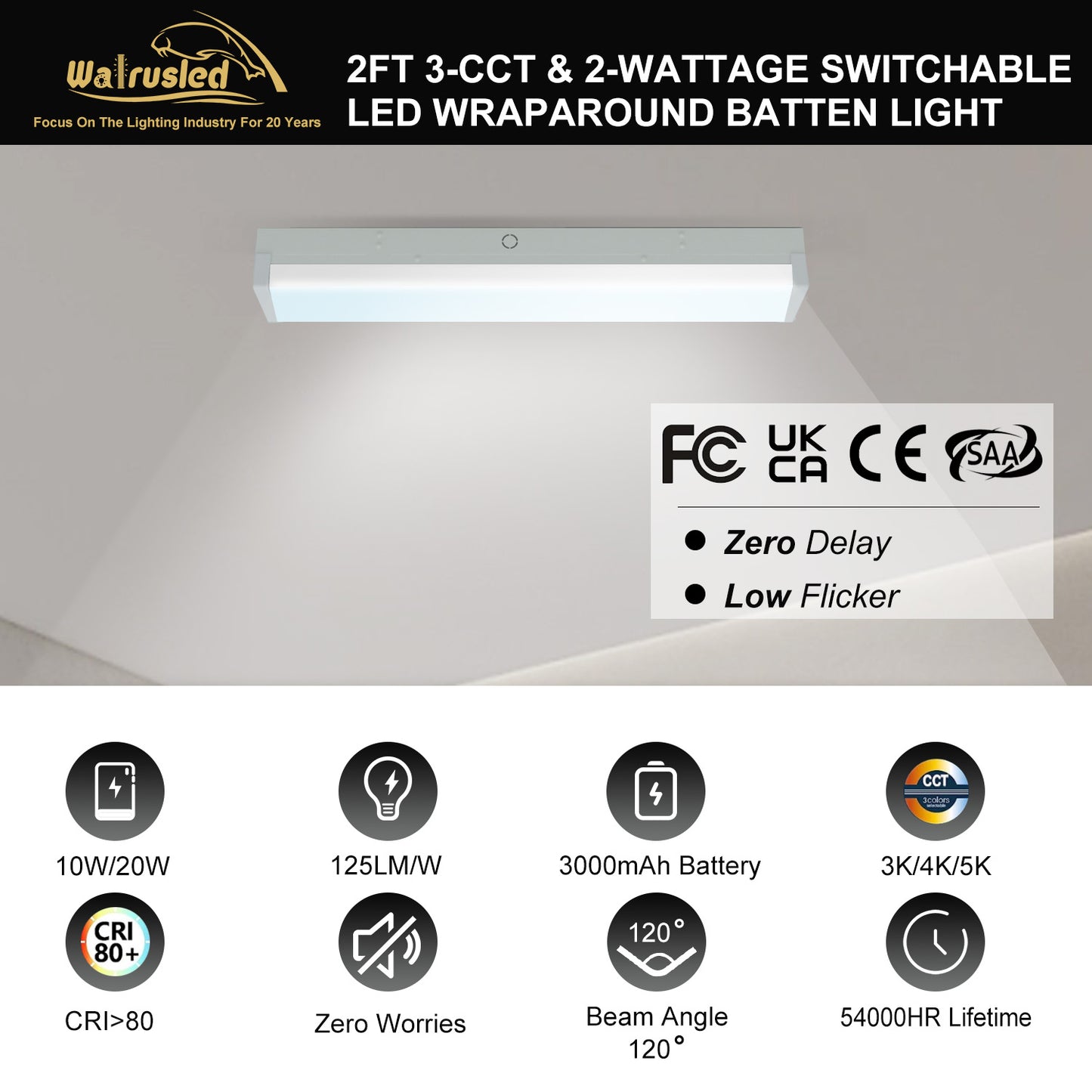 Walrusled 2FT LED Kitchen Wraparound Emergency Batten Light Fixture, 3 CCT Power Selectable 10W/20W 1250lm/2500lm, Battery Backup, 3000K/4000K/5000K, IP20, 2 Foot LED Garage Wrap Around Batten Light Fixture, 60CM Flush Mount LED Stairwell Ceiling Light