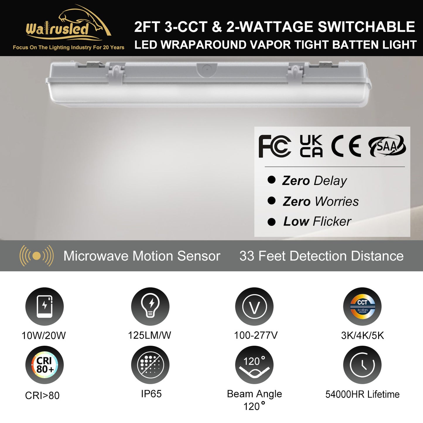 Walrusled 2FT Motion Sensor LED Wraparound Vapor Tight Batten Light, 2 Wattages/3 CCT Selectable 10W/20W 1250lm/2500lm 3000K/4000K/5000K, IP65, IK08, Dimmable 2 Foot LED Tunnel Wrap Waterproof Light Fixture, 60CM Flush Mount LED Vapor Proof Ceiling Light