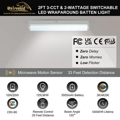 Walrusled Lampe d'urgence LED avec détecteur de mouvement de 0,6 m avec télécommande, puissance 3 CCT sélectionnable, 10 W/20 W, 1250 lm/2500 lm, batterie de secours, 3000 K/4000 K/5000 K, IP20, intensité variable, 60 cm, montage encastré Plafonnier LED