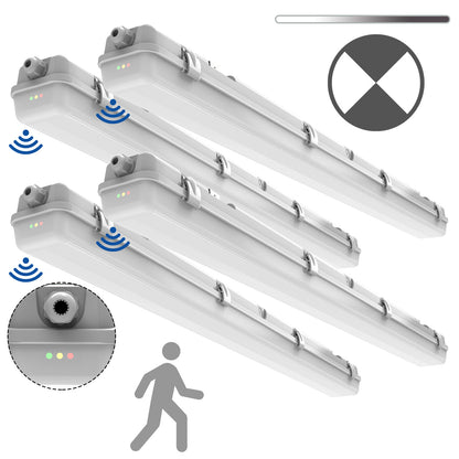 Walrusled 4FT Motion Sensor LED Wraparound Vapor Tight Emergency Batten Light, Power Selectable 20W/40W 2500lm/5000lm, Battery Backup, 5000K, IP65, Dimmable 4 Foot LED Wrap Waterproof Light Fixture, 120CM Flush Mount Led Vapor Proof Batten Ceiling Light