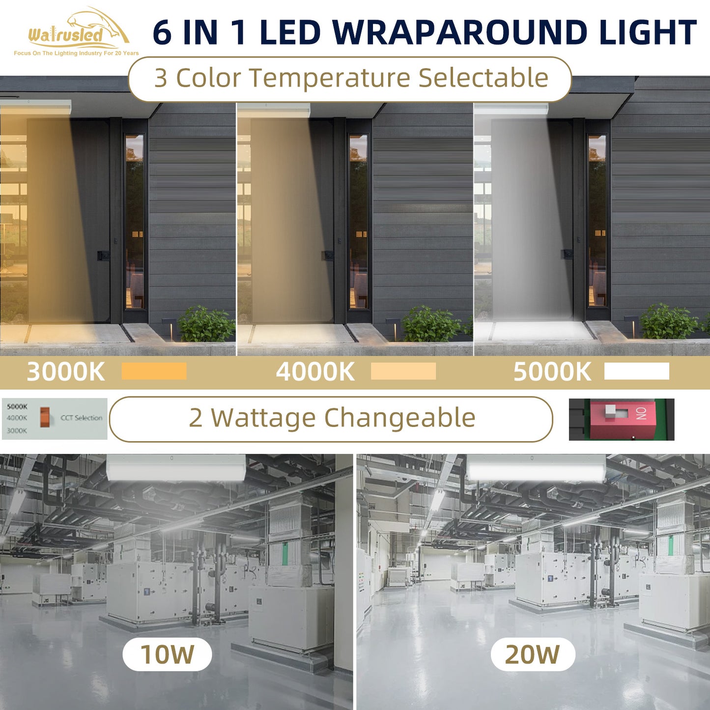 Walrusled 2FT LED Kitchen Wraparound Emergency Batten Light Fixture, 3 CCT Power Selectable 10W/20W 1250lm/2500lm, Battery Backup, 3000K/4000K/5000K, IP20, 2 Foot LED Garage Wrap Around Batten Light Fixture, 60CM Flush Mount LED Stairwell Ceiling Light