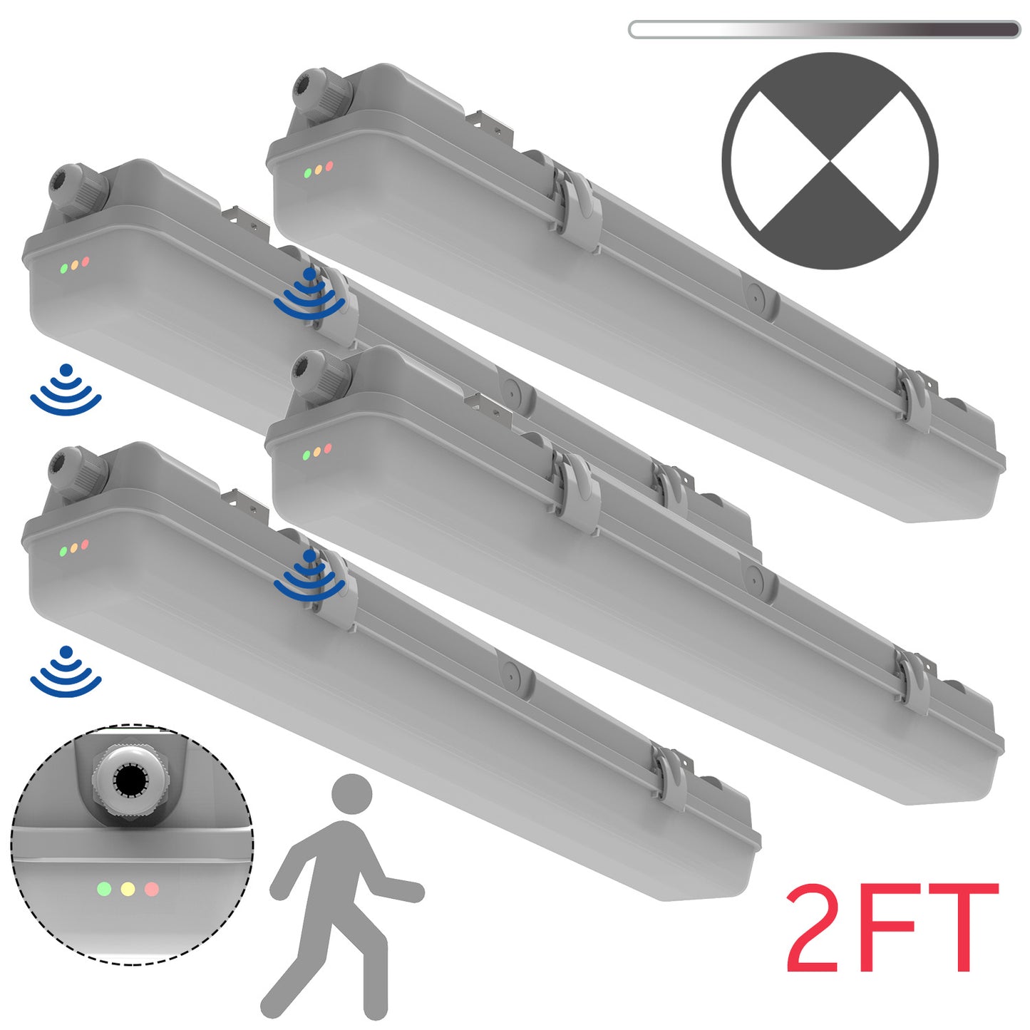 Walrusled 2FT Motion Sensor LED Wraparound Vapor Tight Emergency Batten Light, Power Selectable, 10W/20W, 1250lm/2500lm, Battery Backup, 5000K, IP65, IK08, Dimmable 2 Foot LED Wrap Waterproof Light Fixture, 60CM Flush Mount Led Vapor Proof Ceiling Light