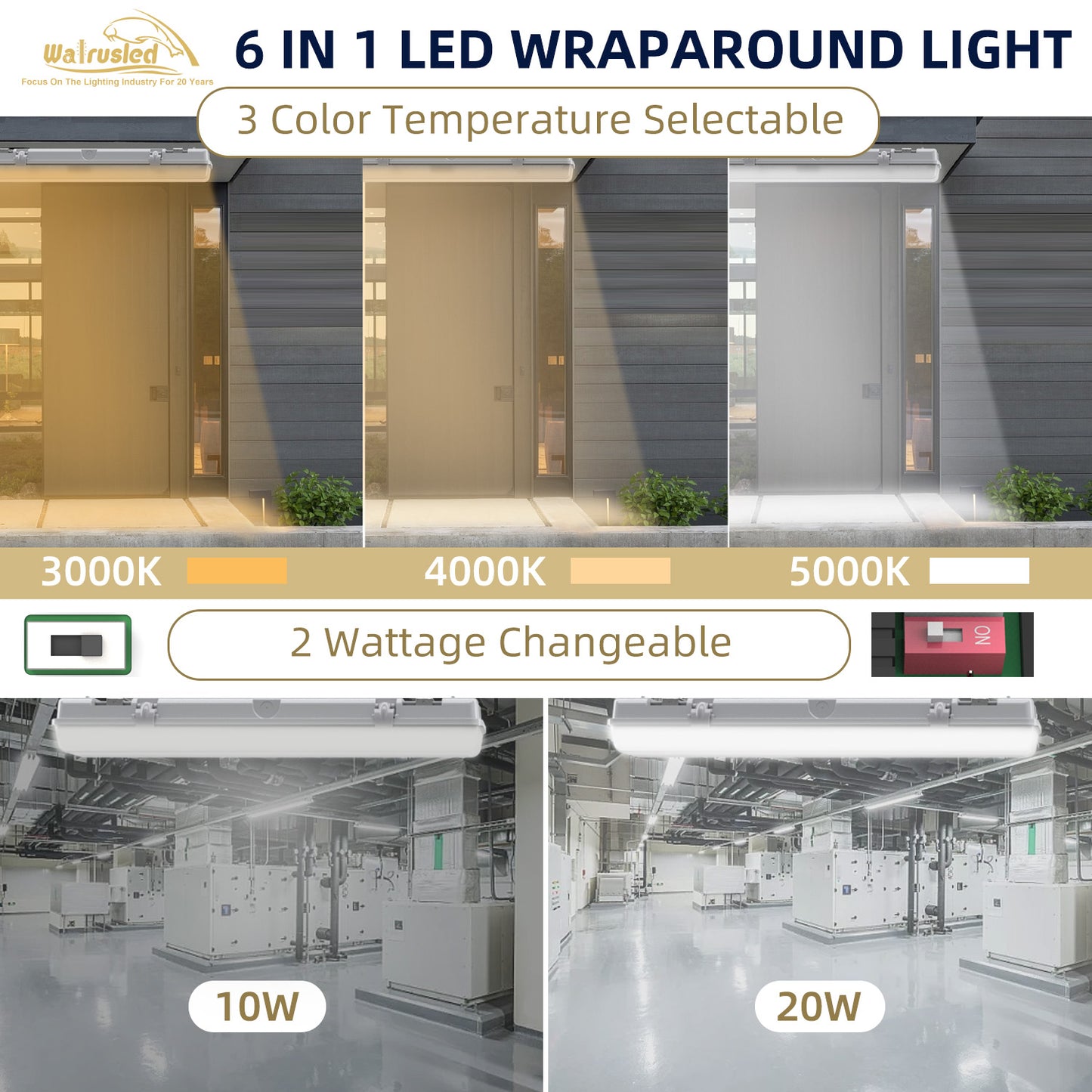 Walrusled 2 Foot Motion Sensor LED Wraparound Vapor Tight Emergency Batten Light, 3 CCT Power Selectable 10W/20W 1250lm/2500lm, Battery Backup, 3000K/4000K/5000K, IP65, IK08, Dimmable LED Wrap Waterproof Light, 60CM Flush Mount Vapor Proof Ceiling Fixture