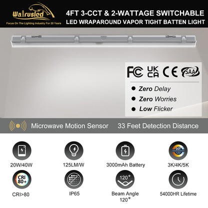 Walrusled 4FT Motion Sensor LED Wraparound Vapor Tight Emergency Batten Light, 3 CCT Power Selectable 20W/40W 2500lm/5000lm, Battery Backup, 3000K/4000K/5000K, IP65, Dimmable 4 Foot LED Wrap Waterproof Light, 120CM Flush Mount Vapor Proof Ceiling Fixture