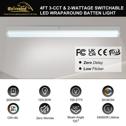 Walrusled 4FT LED Kitchen Wraparound Batten Light Fixture, 2 Wattages/2 Lumens/3 CCT Selectable, 20W/40W 2500lm/5000lm, 3000K/4000K/5000K, 100-277V, IP20, 4 Foot LED Garage Wrap Around Batten Light Fixture, 120CM Flush Mount Stairwell Batten Ceiling Light